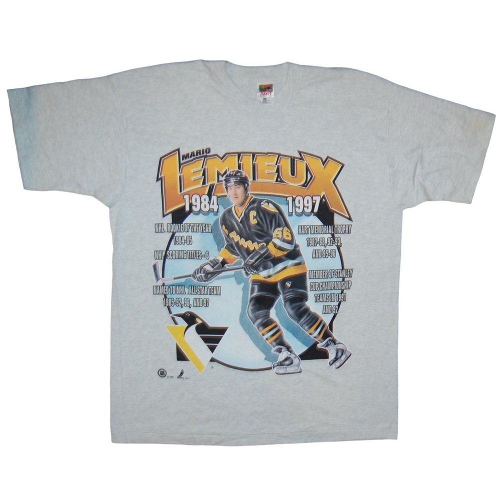 Vintage 1990s Mario Lemieux Pittsburgh Penguins Career Single Stitch T-Shirt XL